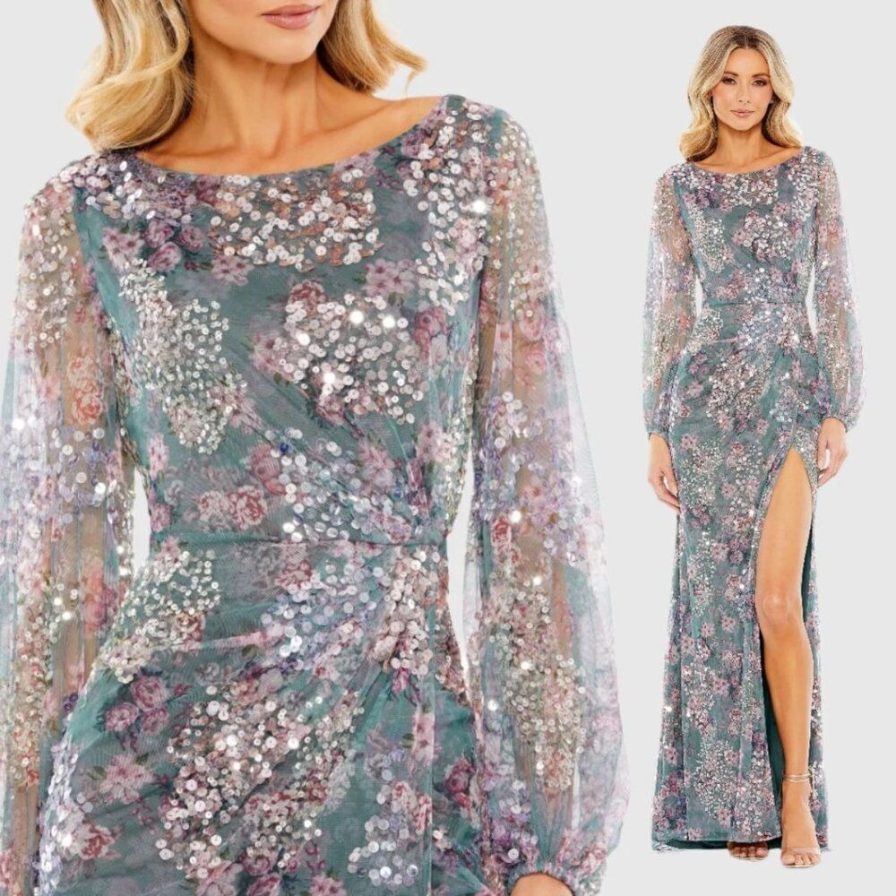 $598 Mac Duggal Size 8 Blue Gray Pink Floral Long Sleeve Gown Formal Maxi Dress